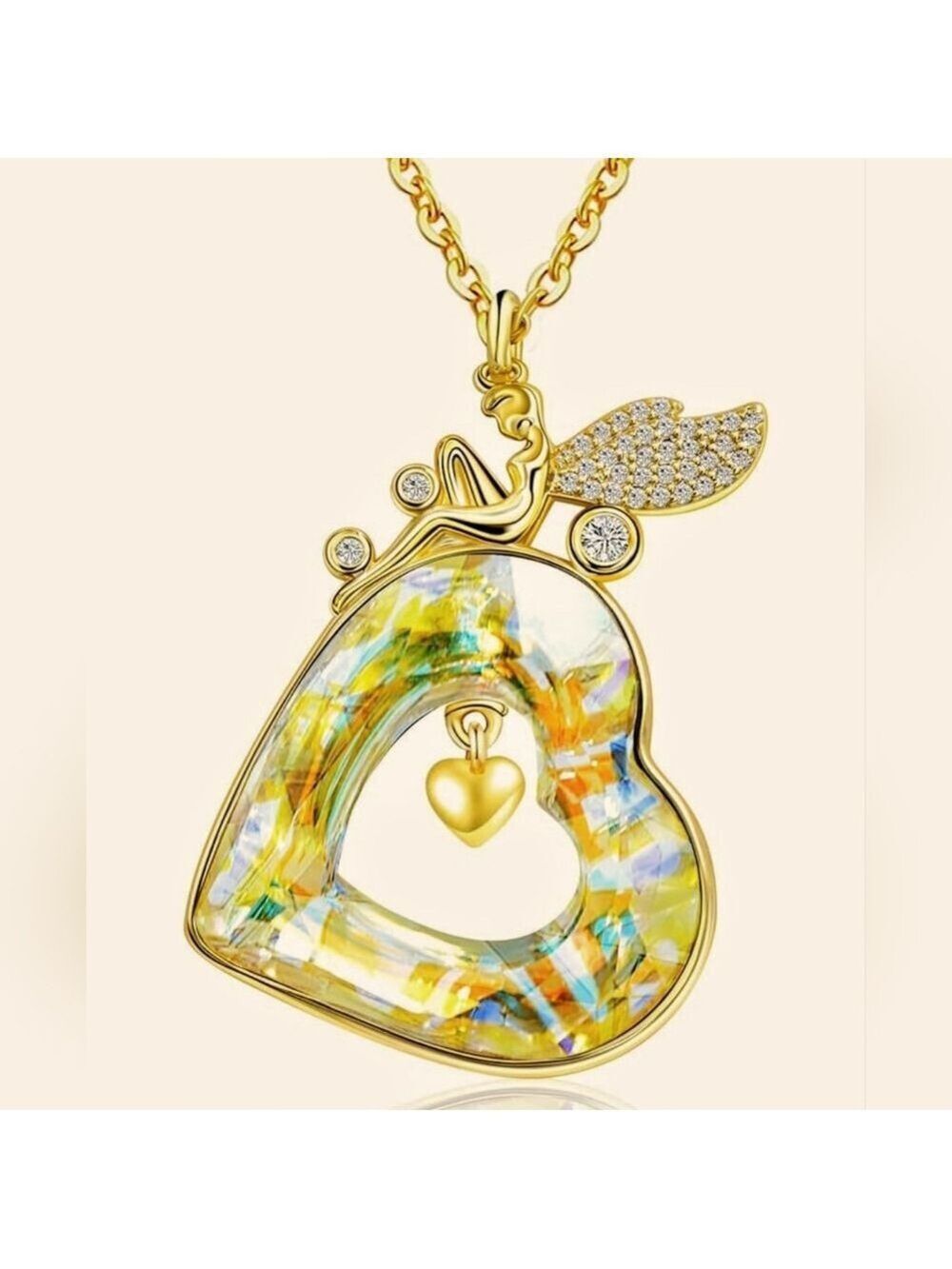14K Yellow Gold Plated Heart Crystal Pendant Necklace, Yellow